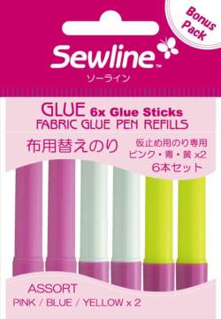 Refill für Textil-Klebestift wasserlöslich, 6 Stück je 2 Stück gelb, blau, pink